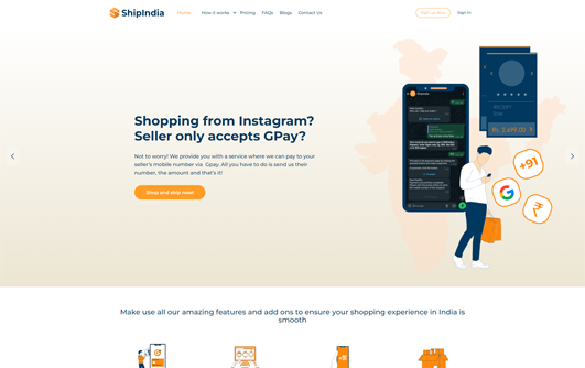 ShipIndia homepage banner with mobile app screens and shopping cart illustration