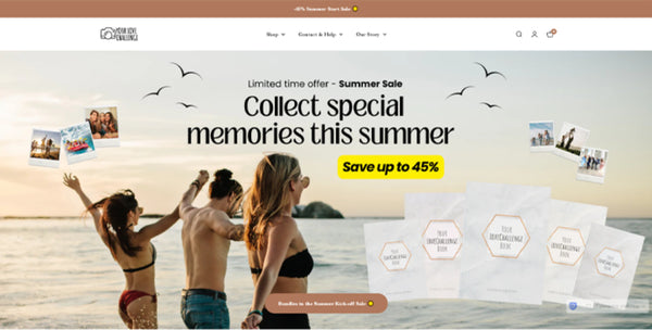Family walking on beach at sunset with text, Collect special memories this summer, Save up to 45%
