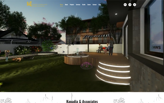 3D rendering of a modern backyard patio with curved steps, seating area, and garden lawn