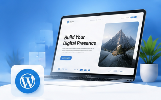 Laptop displaying website design with headline Build Your Digital Presence and WordPress icon