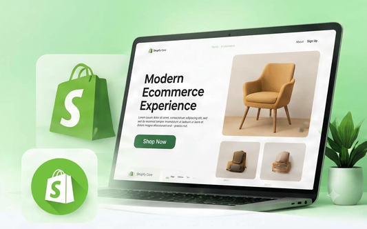 Laptop showing Shopify ecommerce website design mockup with green Shopify icons and plant