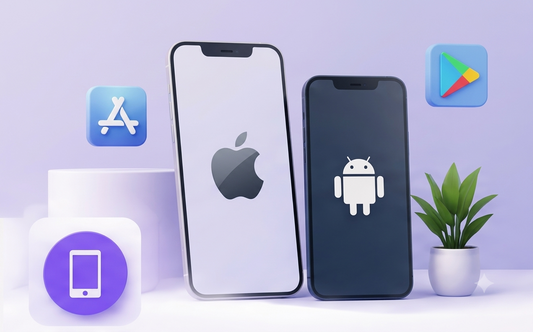 iOS and Android app development icons with App Store and Google Play symbols