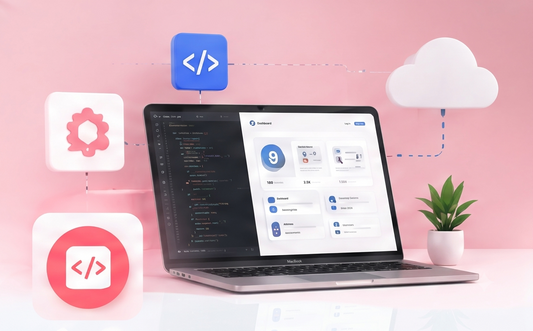 Laptop showing code editor and web dashboard, with cloud and coding icons on pink background
